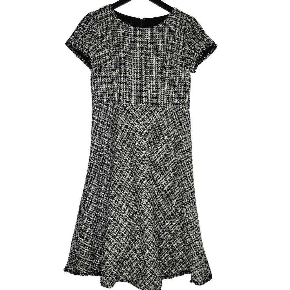 Talbots Tweed Dress Classic Preppy Black Cream Metallic Short Sleeve Fringe 2
